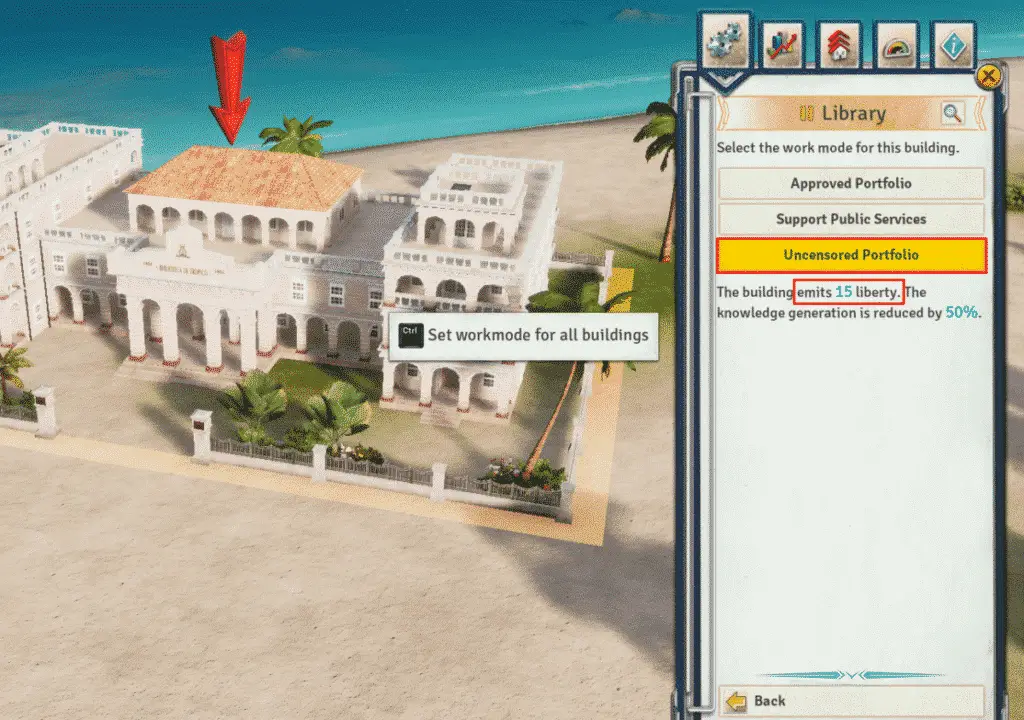 Library building in Tropico 6 to increase liberty