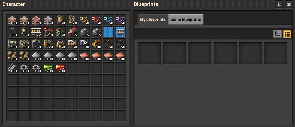 Blueprints screen in Factorio