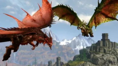 Best free PC games - red and green dragon fly towards each other over castle